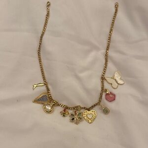 Gold Tone Multi-Charm Necklace with Pink and Green Accents